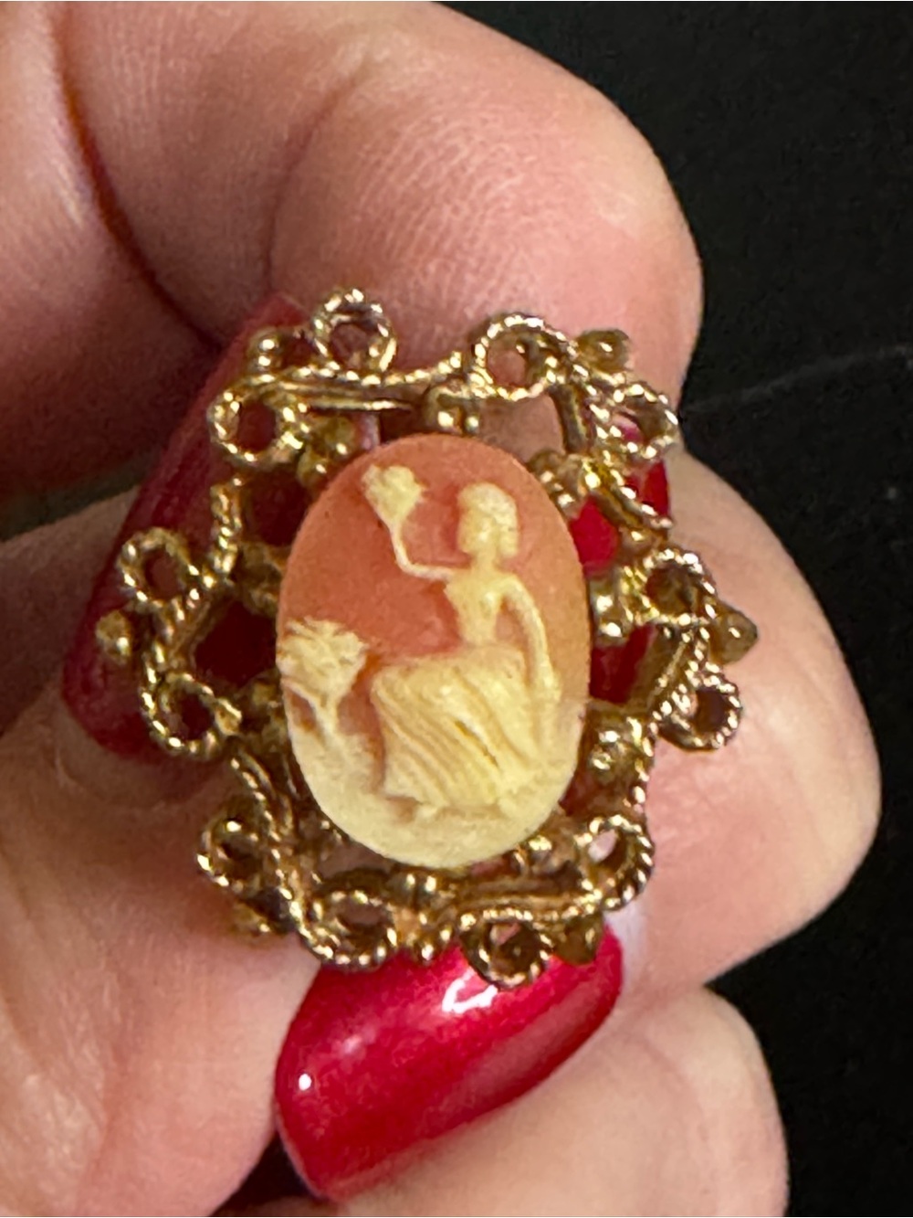 Vintage-Style Gold Cameo Clip-On Earrings in Coral and Cream